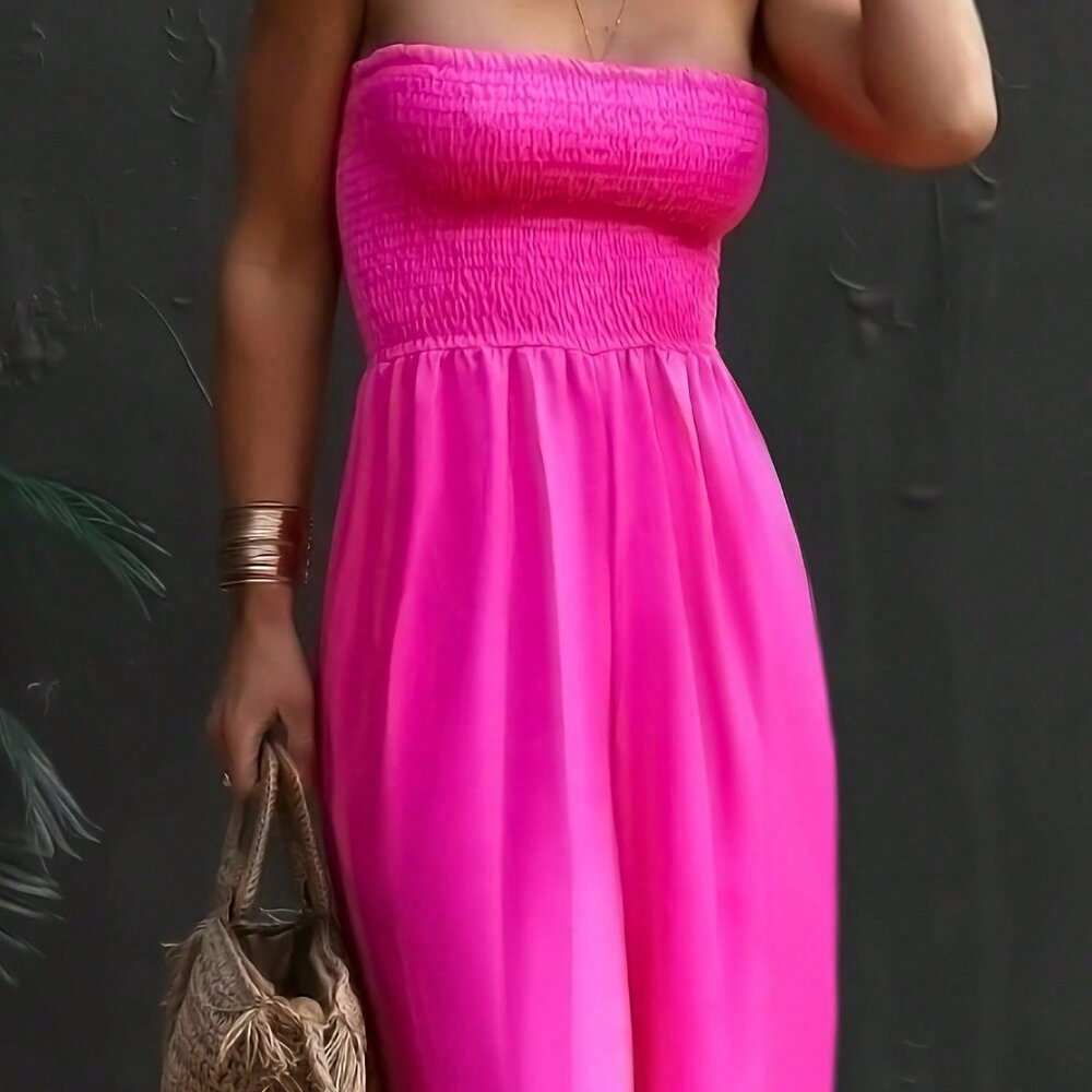 Hot Pink Boho Women's Strapless Smocked Wide Leg Jumpsuit - Picture 4 of 4